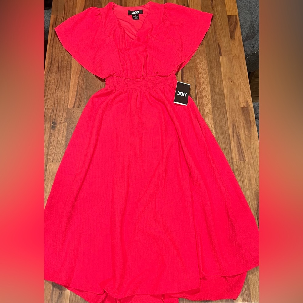 DKNY V-Neck Flutter Sleeve Cinched Waist Crinkle Midi Dress
